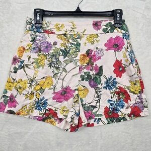Zara Floral Printed Shorts Size Medium Colorful Cotton Stretch Flat Front Mini